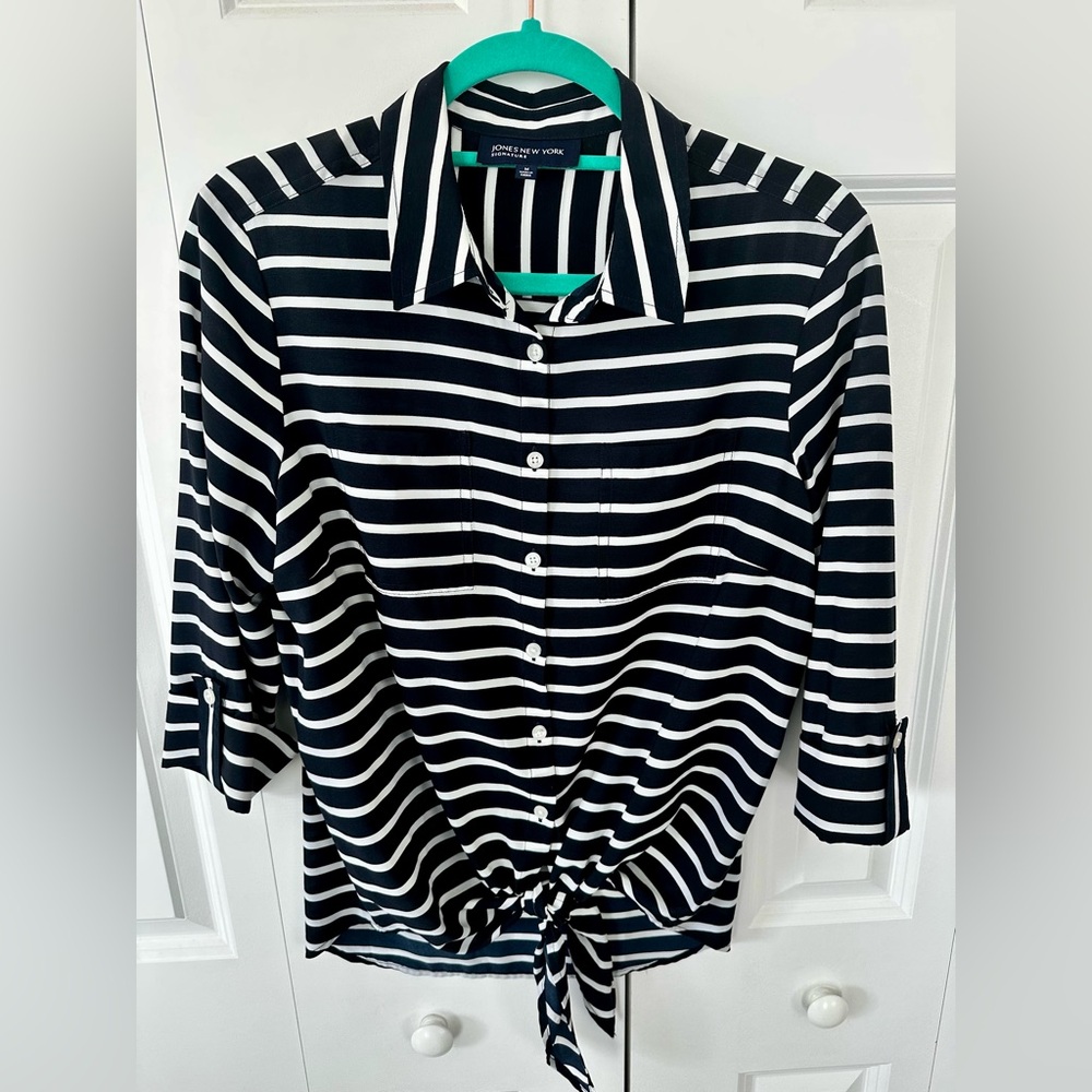 Jones New York Signature Navy and White Striped Tie-Hem Button Down